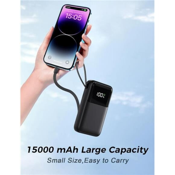 Portable Charger 15000mAh Power Bank Built In Cables Fast Charging Travel - Picture 5 of 7